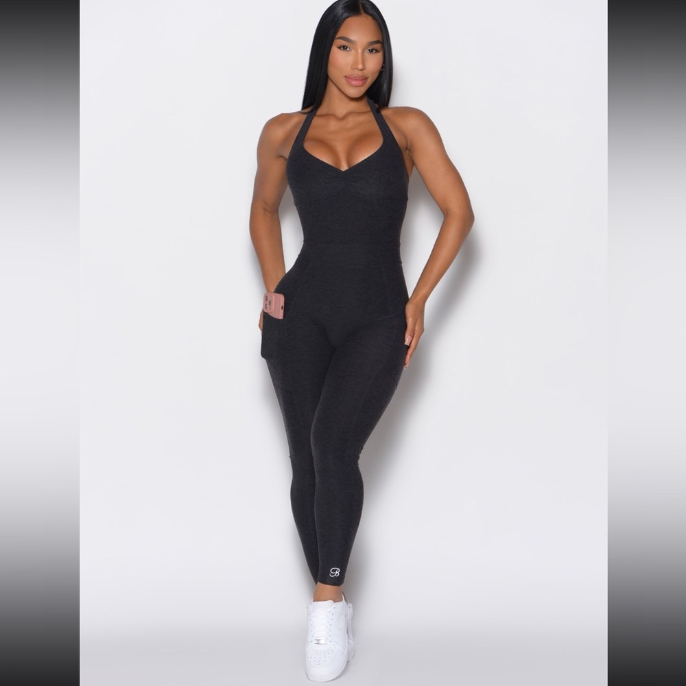 Bombshell Sportswear Backless Pocket Bodysuit Heathered Black
